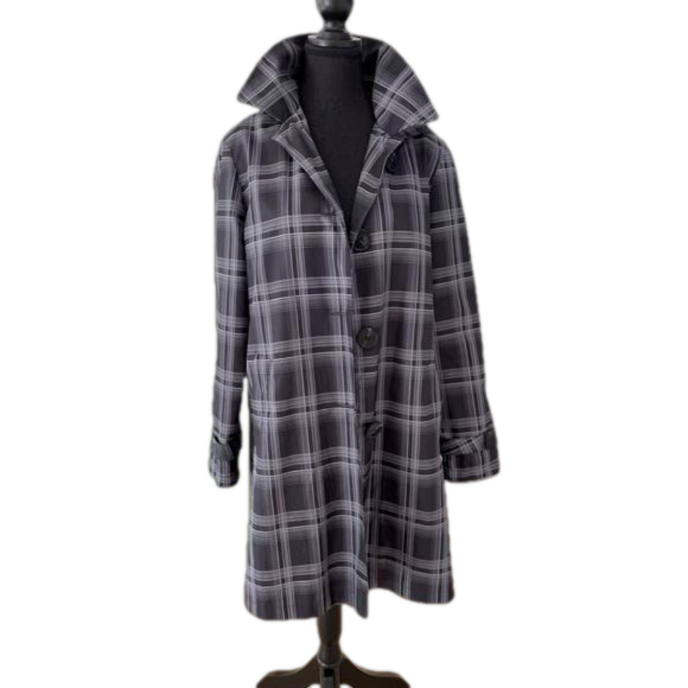 PIZAZZ Spring Jacket Detachable Hood Black Grey Plaid Button Front Neutral - Picture 2 of 16